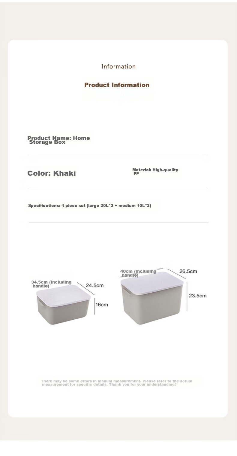 Youjialiangpin Plastic Storage Box, Clothes Organizer, 20L*2+10L*2, Khaki Color, with Lid, Insect-Proof, for Home Use 9
