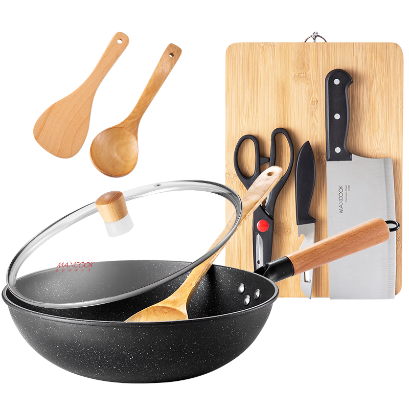 MAXCOOK Cookware Set Including Wok, Cutting Board, Chef's Knife, Fruit Knife, Scissors, Wooden Spatula, Spoon, Rice Spoon, 8-Piece Kitchen Utensil Set MCTZ005
