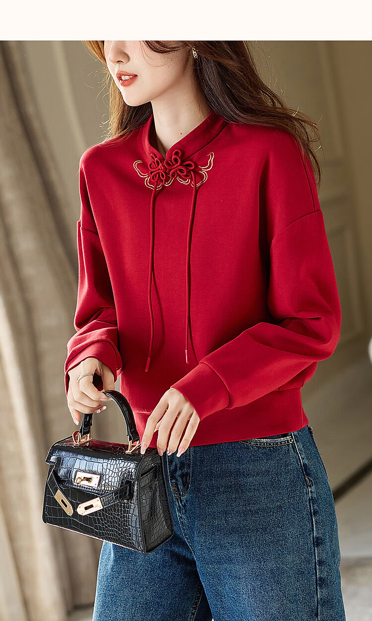 Dme [National Style New Chinese] Spring And Autumn Retro Stand Collar Exquisite Iron-On Disc Button Comfortable Air Layer Sweatshirt Women's Top 13