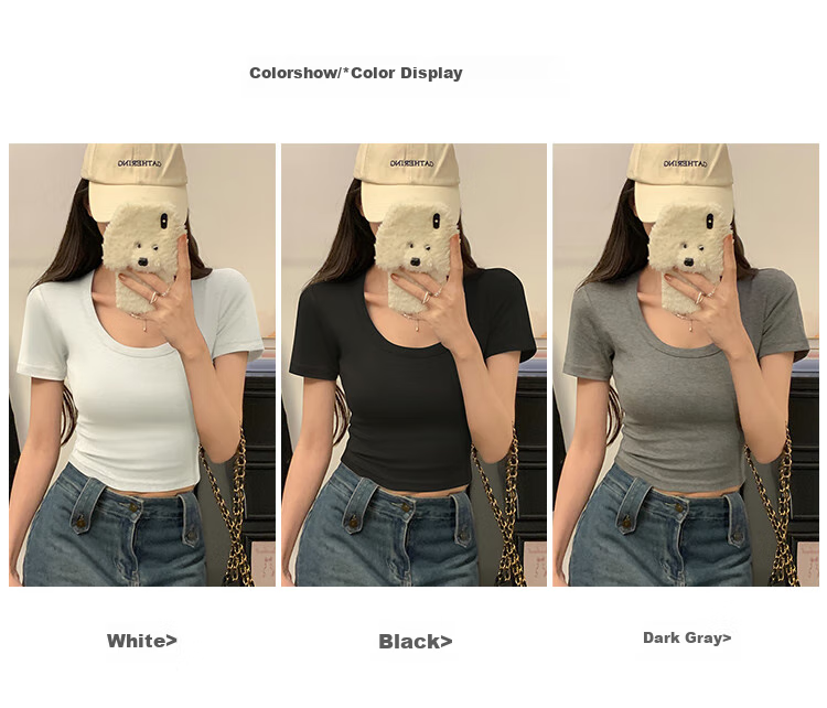 TUCANO Women's Short-Sleeve T-Shirt, Solid Color Simple U-Neck Short Style Summer Hot Girl Versatile Regular Shoulder Crop Top, Dark Gray, 2XL 8