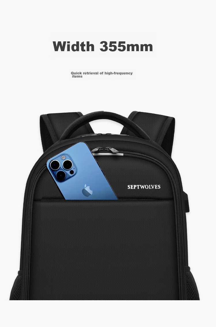 SEPTWOLVES Backpack Schoolbag Shoulder Bag for Men Laptop Bag Travel Business Large Capacity Notebook for Middle And High School Students 15.6 Inch 5