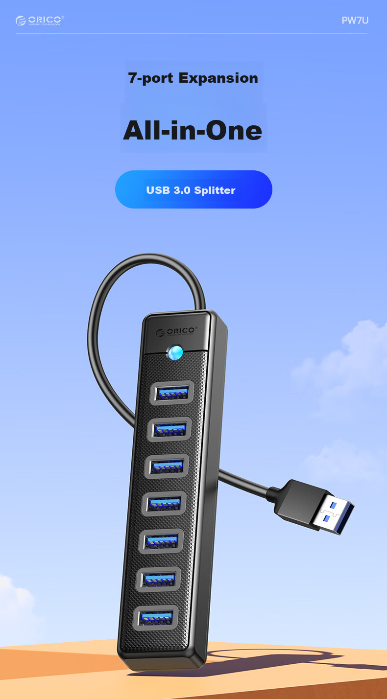 ORICO USB 3.0 7-Port Aluminum Alloy Hub Splitter Docking Station with Independent Power Supply, 1.8m Extension Cable for Lenovo Huawei Laptop Desktop USB Expansion 3