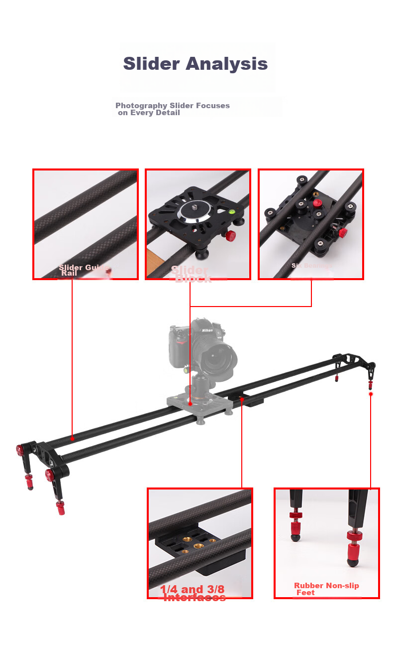 Hakutatz 100cm Carbon Fiber DSLR Camera Photography Slider, Camera Track for 5D3, Video Shooting, Six-Axis Damping Follow Focus, Ball Head Gimbal 3