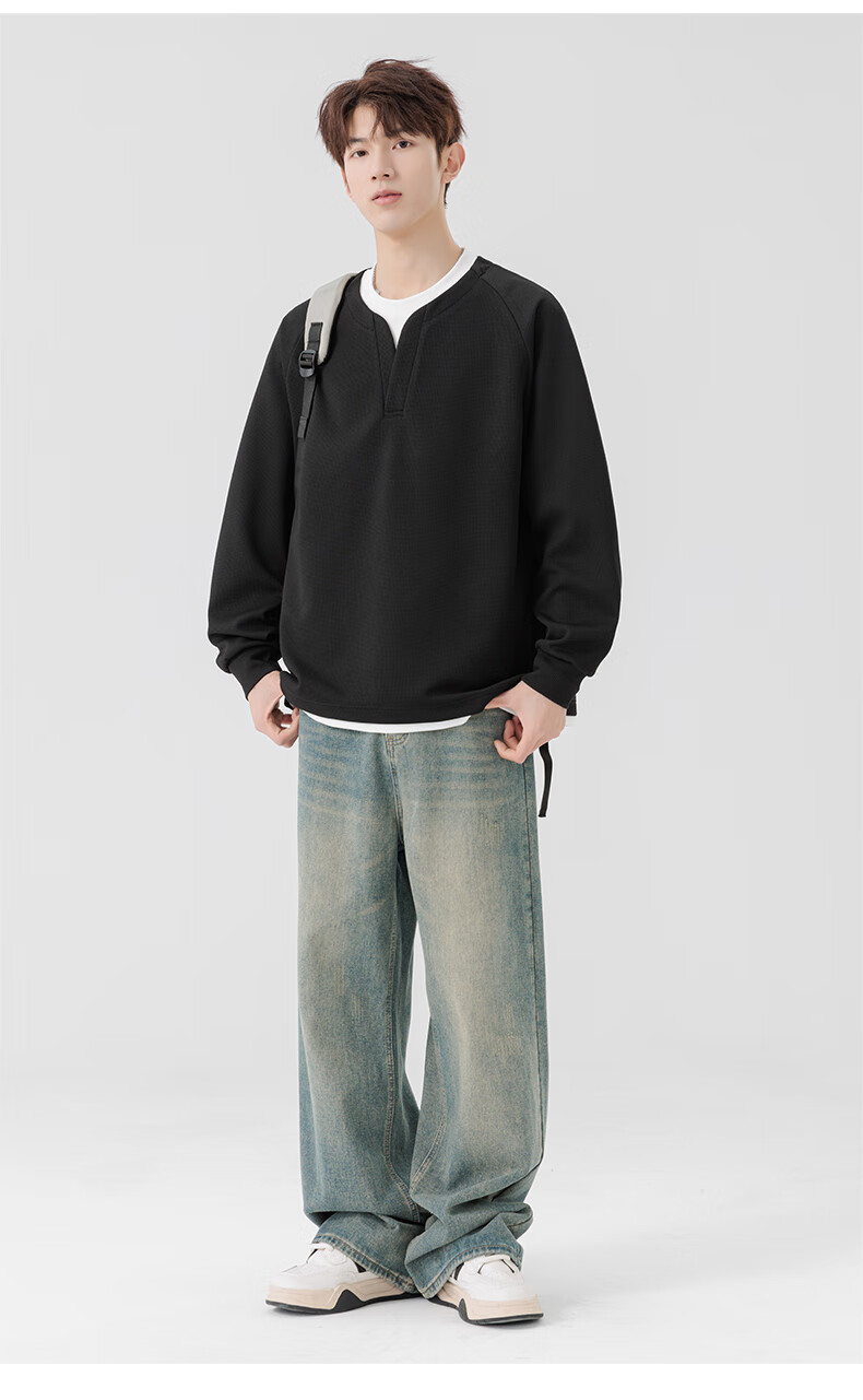 MMOPTOP Japanese-Style Color-Block Faux Two-Piece Crew Neck Sweatshirt, Spring And Autumn Men's Loose Comfortable Top, MWY15 Black XL 8