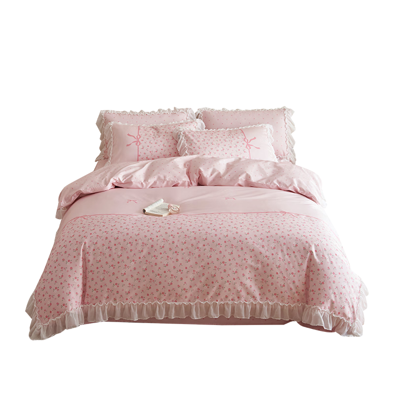 Dohia 100% Pure Cotton Bedding Set, All-Cotton Bed Sheet And Duvet Cover Bedding Set, 1.5m 203*229cm, Chiffon with Ruffle Trim