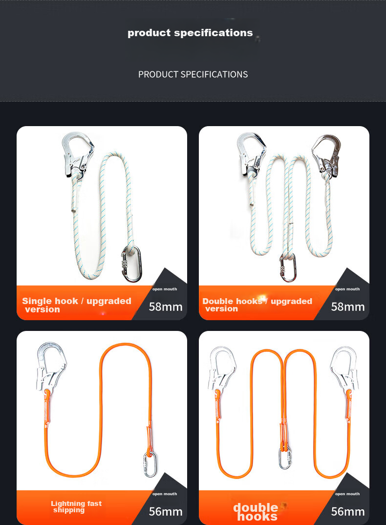 Kanle Safety Lanyard with Hook, High-Altitude Work Rope, Wear-Resistant Construction Site Safety Belt, Electrical Work Protection Strap 3