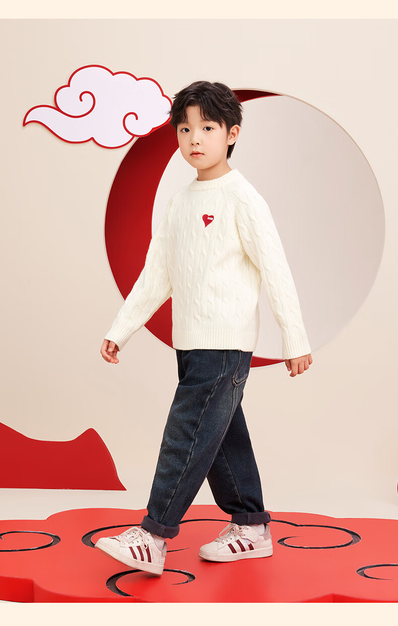 Zuoxi Boys' Red Sweater, Children's Thick Knit Pullover, 2025 New Style Boys' New Year Outfit, Winter Clothing, White, Size 140 25