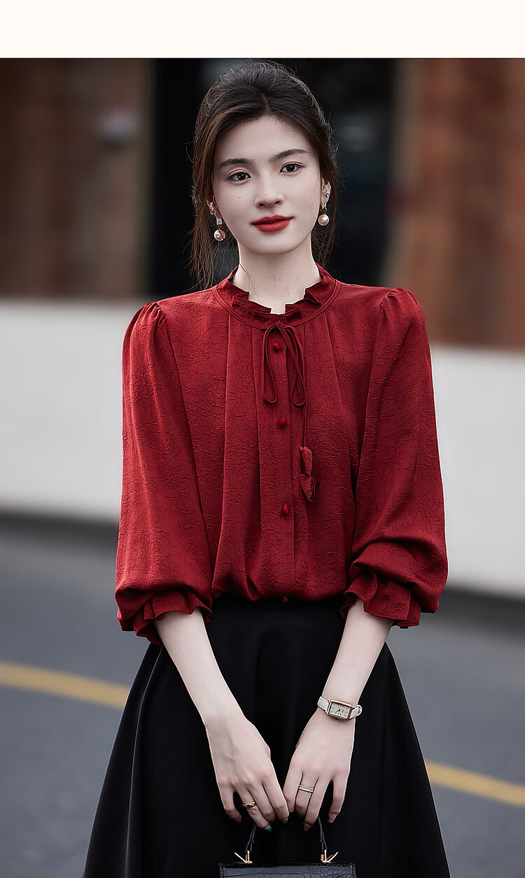 Dme [Ankeala Red] Elegant Office Blouse for Spring And Autumn, Wrinkled Shiny Ruffle Puff Sleeve Shirt Women's Top 22