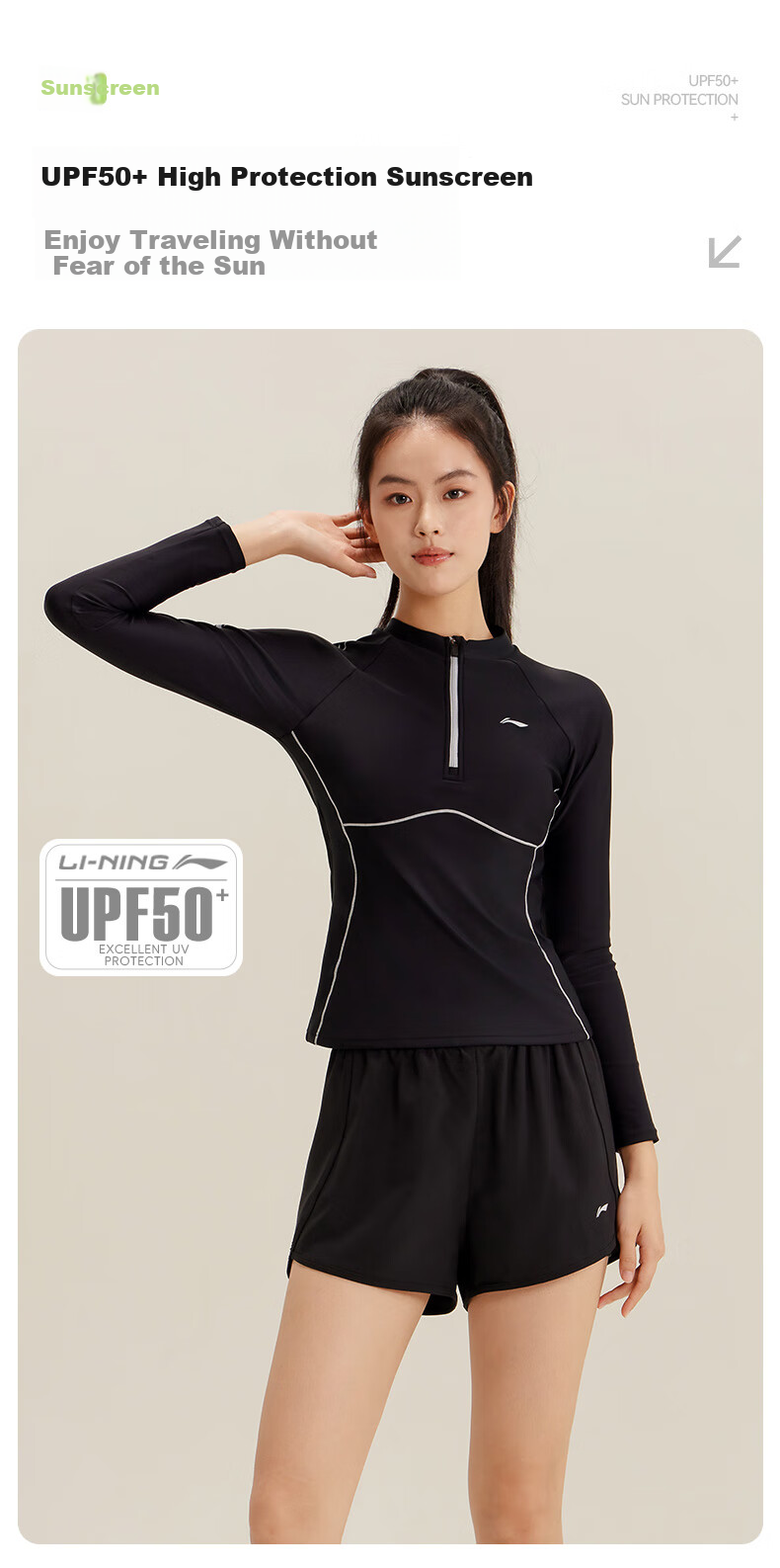 Li-Ning Hot Spring Swimming Suit for Women, Long-Sleeve Sun Protection Professional Swimsuit, Two-Piece Beach Diving Surfing Suit, 0022 Black XL 2