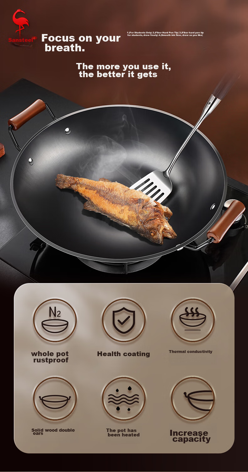 SSGP® Double-Handled Iron Wok, Preheated, Non-Coated, Specially Designed for Gas Stoves, Large Round Bottom, for Home Use, 45cm, 30274 8