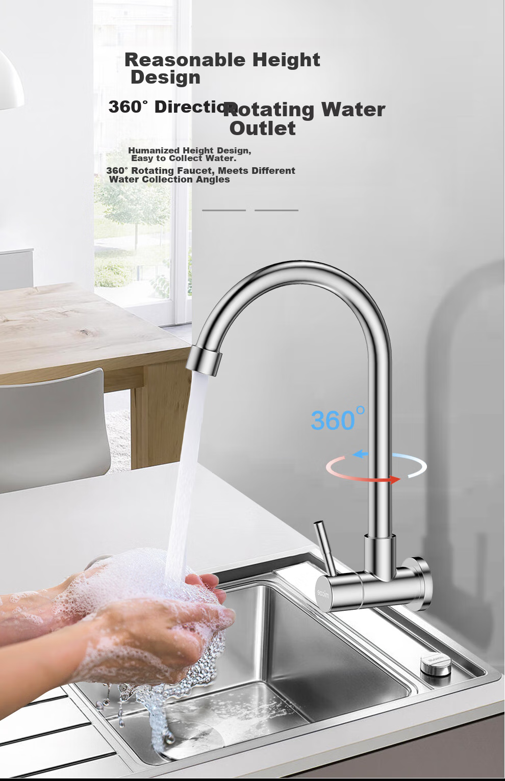 MICOE Kitchen Faucet Single Cold Series, 304 Stainless Steel Lead-Free, 360° Rotating Sink Tap, 100F 5