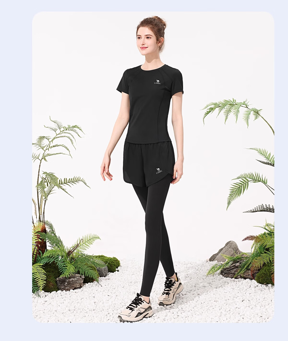 CAMEL Yoga Set Quick-Dry Breathable Sports Women's Short-Sleeve Two-Piece Set L Ice Blue/gray Lavender, Stand-Up Collar Style 41