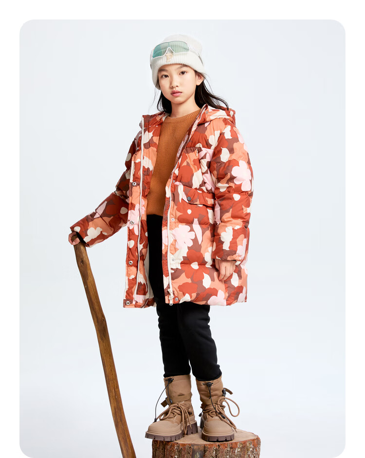 Annil Children's Clothing, Girls' Mid-Length down Jacket, 2024 Winter New Style, Brown Floral Pattern, Size 120 5