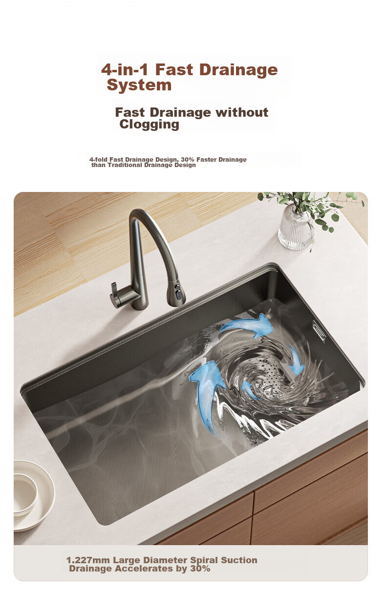 ARROW Kitchen Sink, Large Single Basin, 304 Stainless Steel Vegetable Washing Sink, Integrated Basin, Single Basin, Gunmetal Gray, Rain Drop Textured 15
