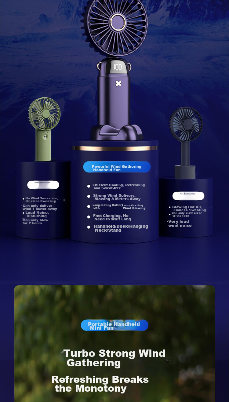 Dipuer Handheld Mini Fan with Foldable Stand, USB Fan for Desktop, Neck-Hanging, Outdoor, Student Dormitory, Office Use, Rechargeable Portable Small Electric Fan, Blue 5