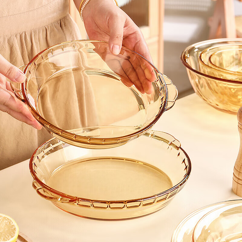 CRISTALGLASS Double-Handled Heat-Resistant Glass Plate Steamed Egg Dish, Sauce Scoop, Small Seafood Plate, Microwave-Safe Pizza Baking Tray for Home Use