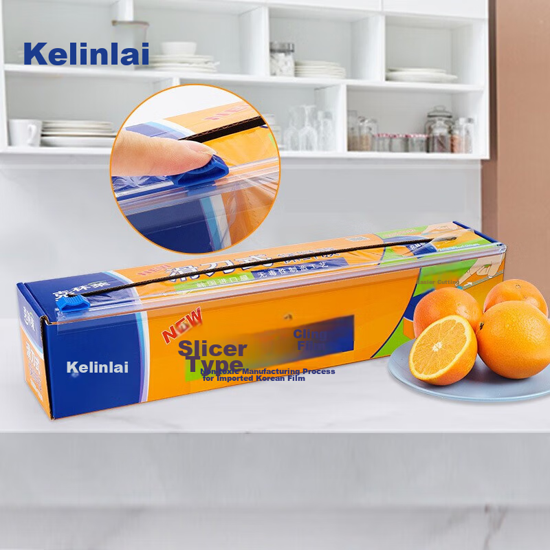 Kelinlai Boxed 30*150m Disposable Sliding Knife-Style Cling Film, Imported Film, Large Roll with Cutter, Heat-Resistant Cutting