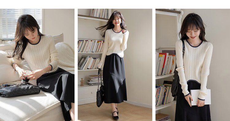 Mt Delicate Texture Spring Little Chanel Style Elegant Color-Block Round Neck High Elastic Comfortable Slimming Knit Sweater Top 4