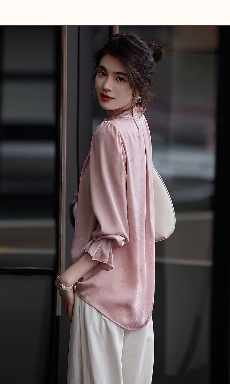 Dme [Ankeala Red] Elegant Office Blouse for Spring And Autumn, Wrinkled Shiny Ruffle Puff Sleeve Shirt Women's Top 16