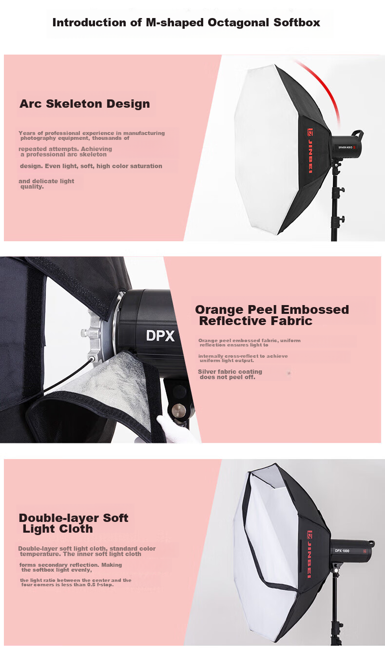 JINBEI JINBEI M-Type Octagonal Round Professional Softbox, Photography Light Diffusion Cover, Flash Fill Light, Studio Shooting Accessory, Universal Hot Shoe Mount, M-950 Octagonal Softbox 4