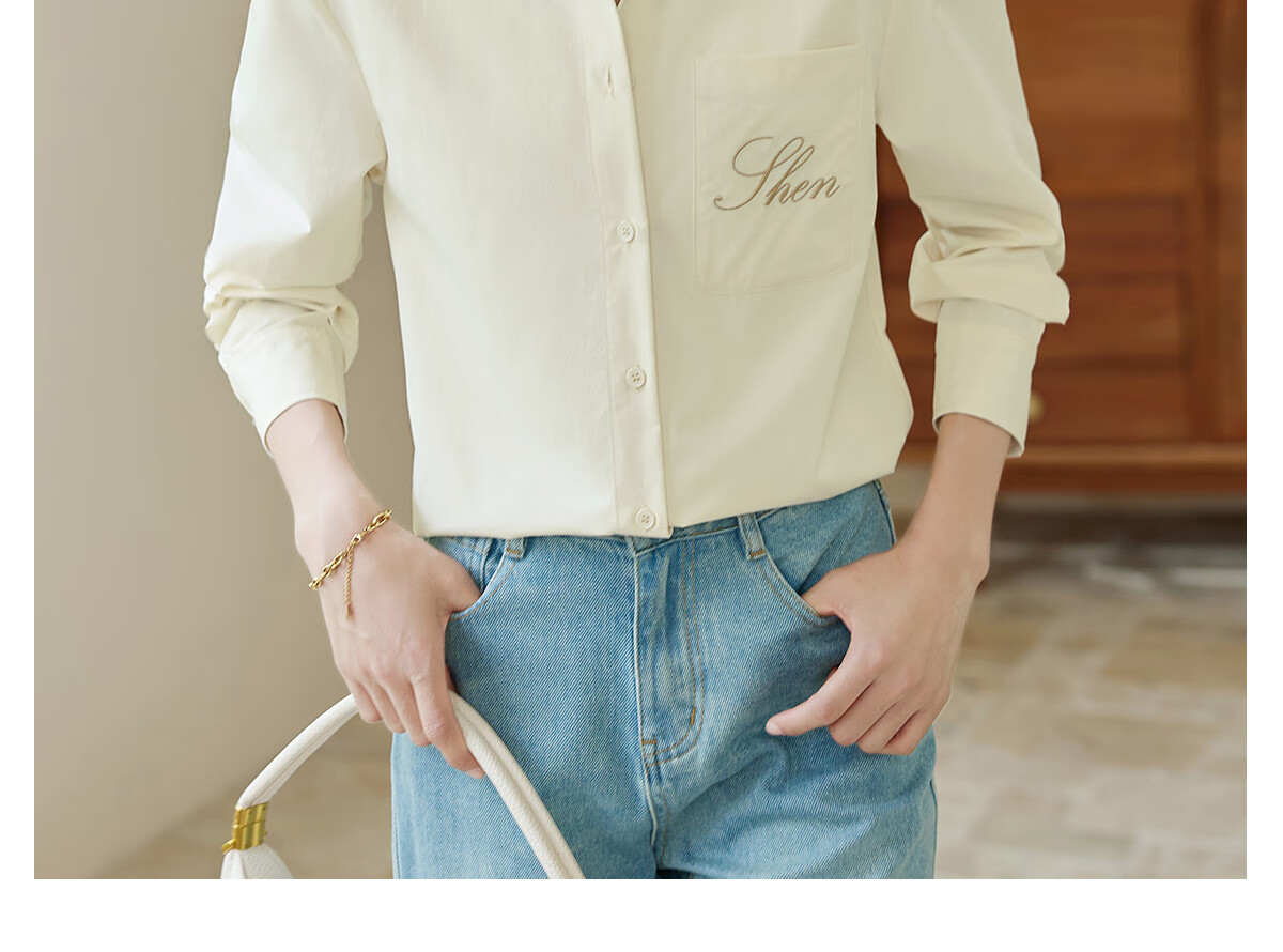 Chushen Spring And Autumn Long-Sleeve Shirt for Women, Turn-Down Collar, Embroidered Pockets, Versatile Commuter Blouse Top S143C2027 35
