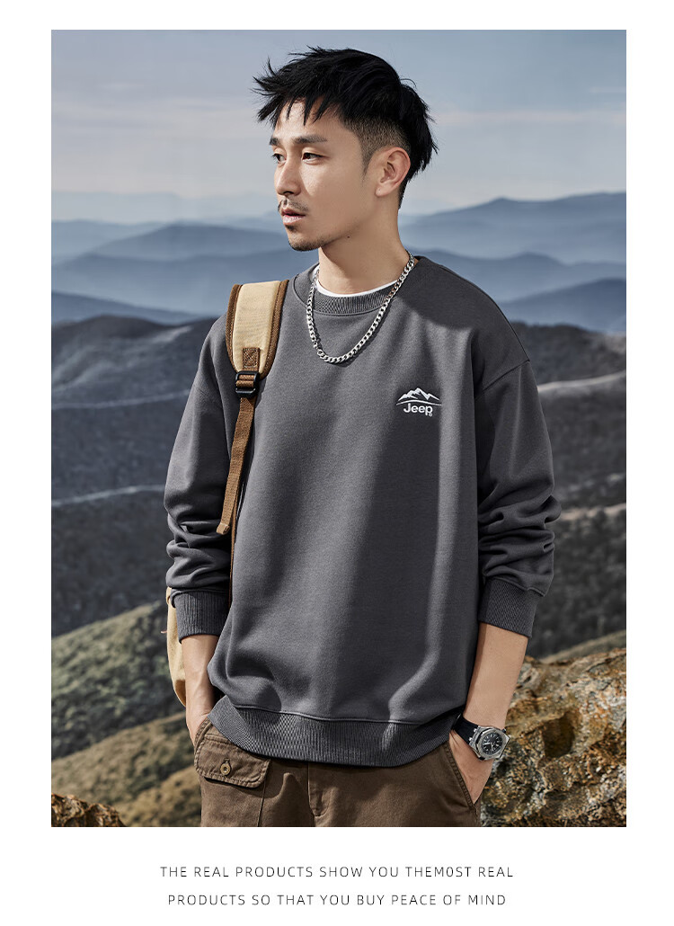 JEEP Spring And Autumn Round Neck Sweatshirt for Men, Loose Casual Sports High-End T-Shirt Top Outerwear 17