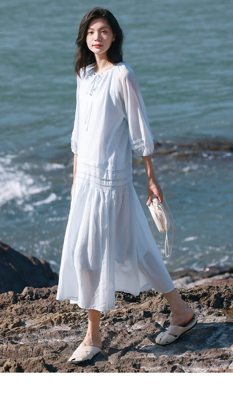 Dme First Love Style Light Blue Dress, Round Neck, Tie-Up Collar, Fairy-Like Long Sleeve Dress for Women, Light Blue, M 3
