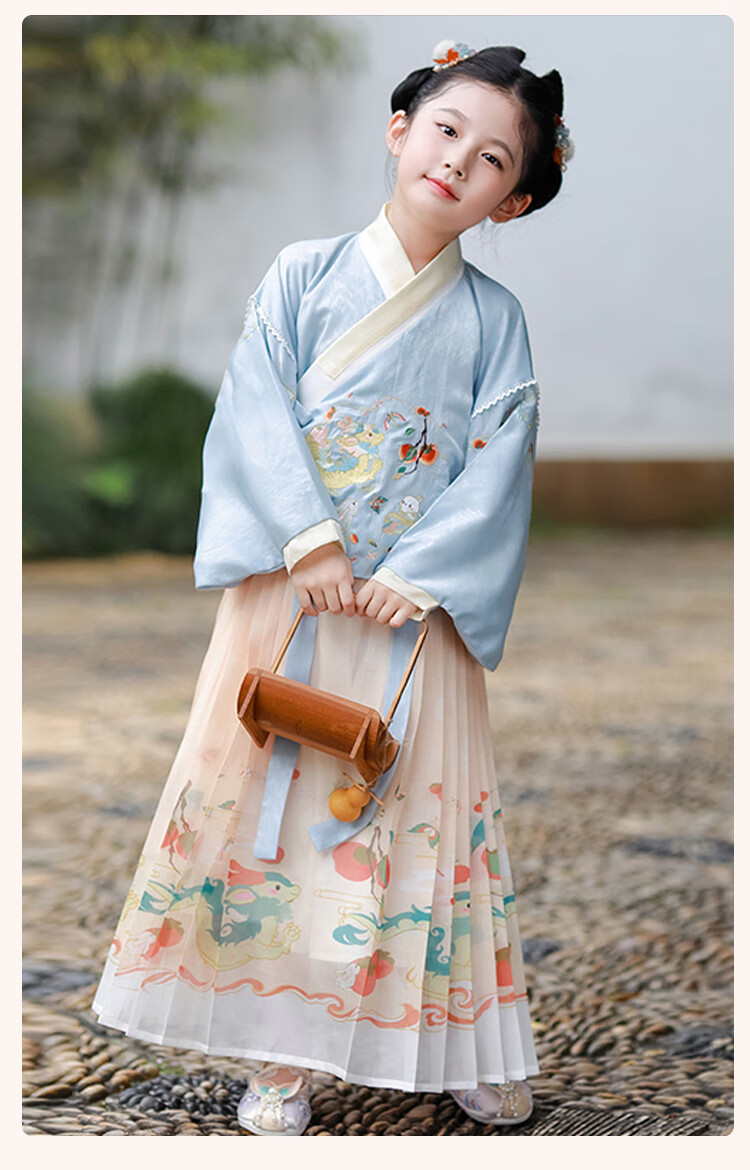 Luomeng Girls' Ming Dynasty Hanfu Chinese Style Children's Horse-Face Skirt Set Performance Costume, Hanfu Cobalt Blue Two-Piece Set, Size 160 7