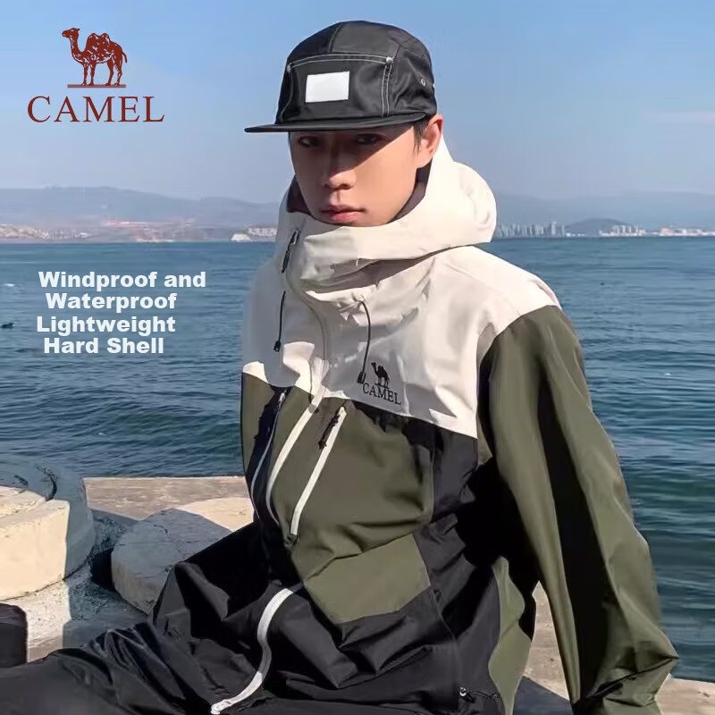CAMEL Outdoor Waterproof Jacket, Single-Layer Coat, 31187A, Gun Gray And Cyan Green, Men's And Women's Styles, XXL