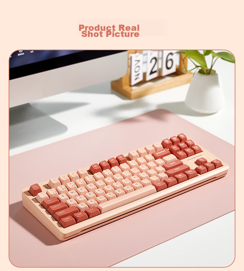 Hyeku Q3 87-Key Tri-Mode Wireless Bluetooth Customizable Mechanical Keyboard Full Hot-Swappable Gasket Structure Keyboard for Gaming And Office Use Peach Velvet Color Kailh Meme Switch 14
