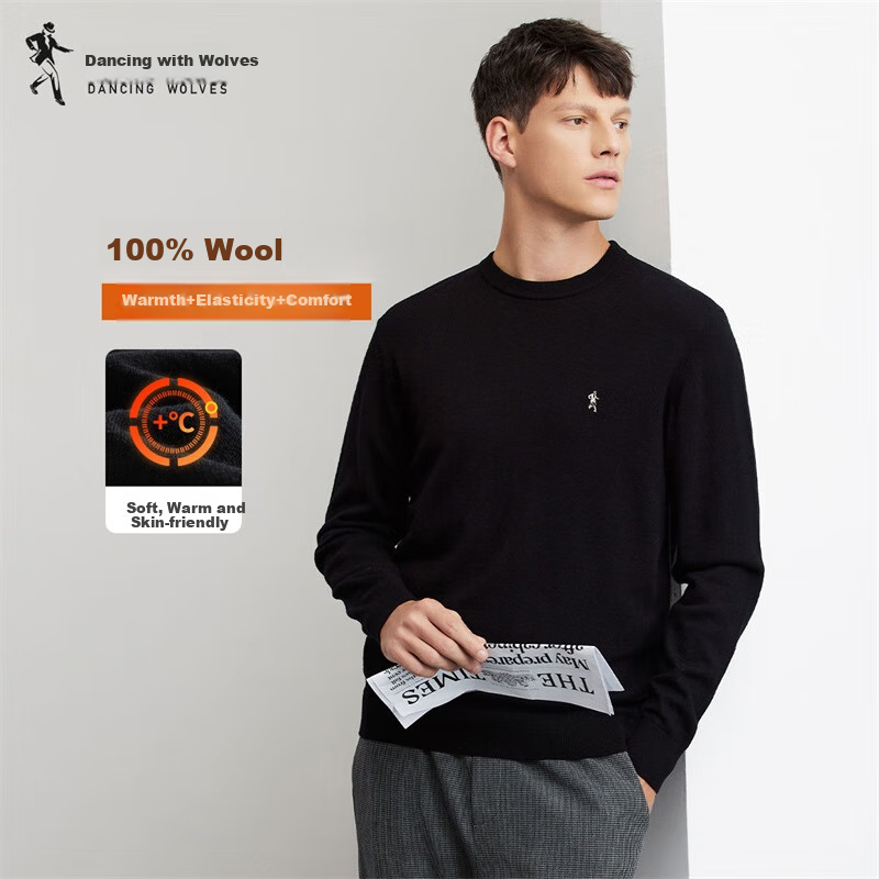 DANCING WOLVES [100% Merino Wool] Men's Fashionable Versatile Warm Casual Sweater, 001 Black, Size 165