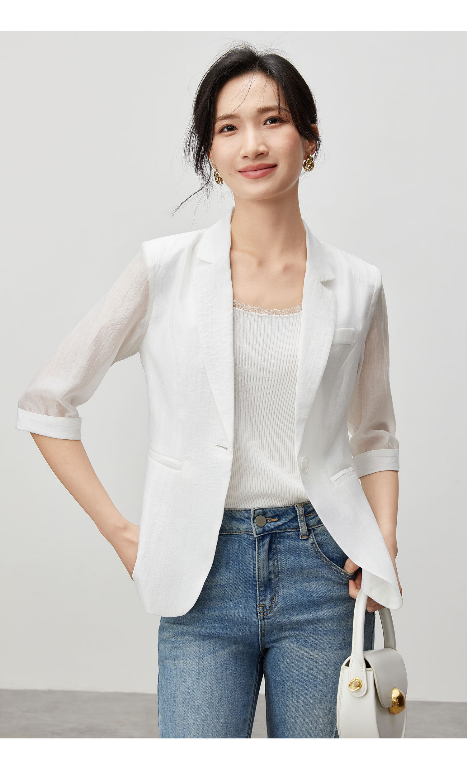 Fan Qin Yili Kuo Suit Jacket for Women, 2024 Elegant Five-Quarter Sleeve Commuter Professional Style, 442X73049, White, M 21