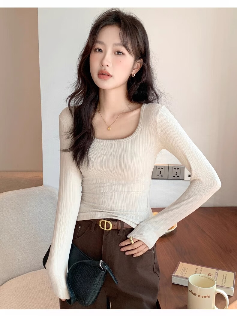 Yuzhaolin Women's Basic Long Sleeve T-Shirt Thin Large U-Neck Slim Fit Simple Versatile Top for Spring and Autumn 9