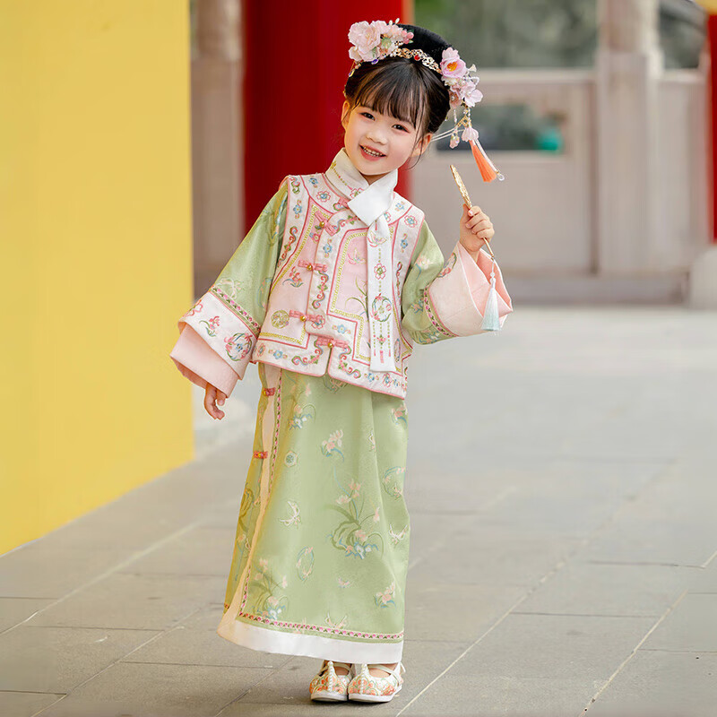 Menghu Xiaoziwegge Girls' Hanfu, Children's Chinese-Style Tang Suit Qipao Dress, Green (Without Accessories), Size 140