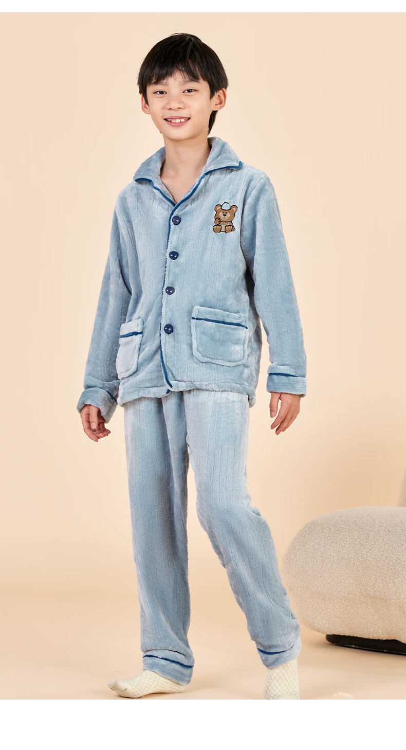 LangSha Children's Pajamas, Boys' Autumn And Winter Round Neck Fleece-Lined Thickened Double-Sided Flannel, Girls' Home Wear, Warm Set, Size 150 21