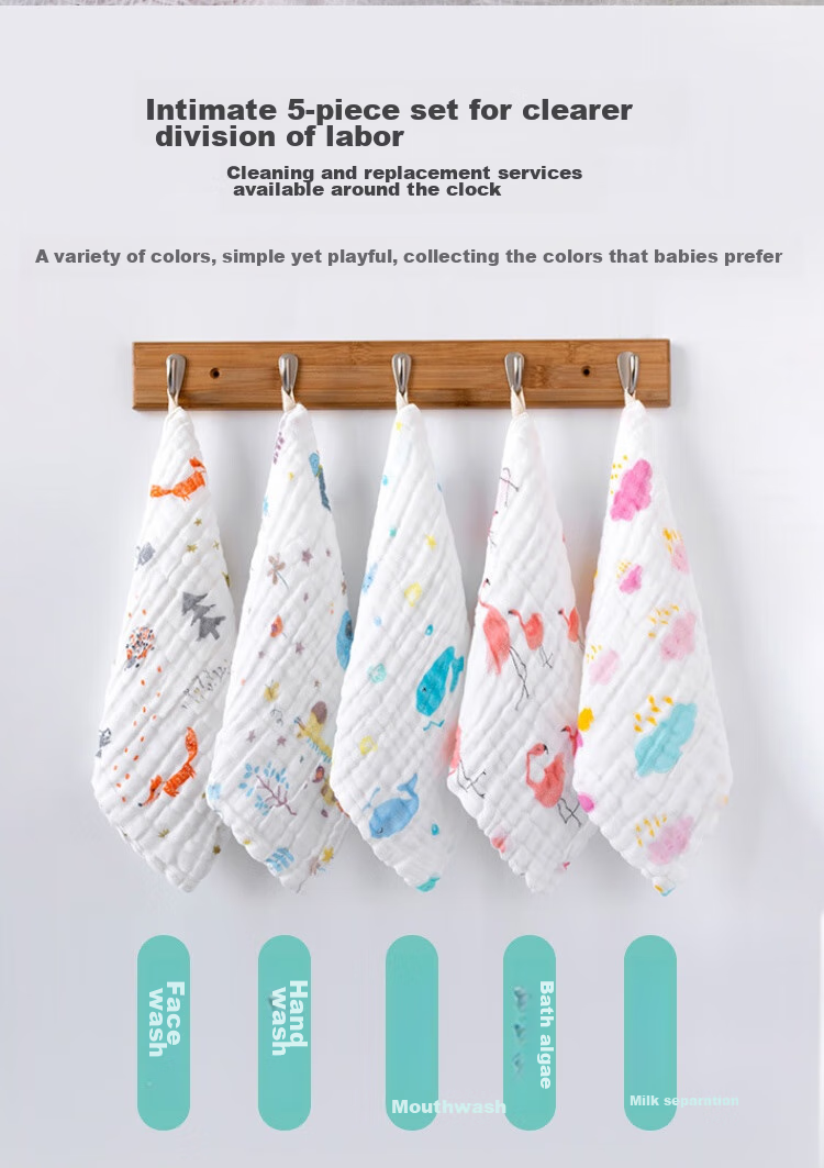 Aibaoshi Baby Drool Bib, Pure Cotton Gauze, Six-Layer Newborn Face Towel, Washable Gauze Handkerchief Bib, 5-Pack, S201 10