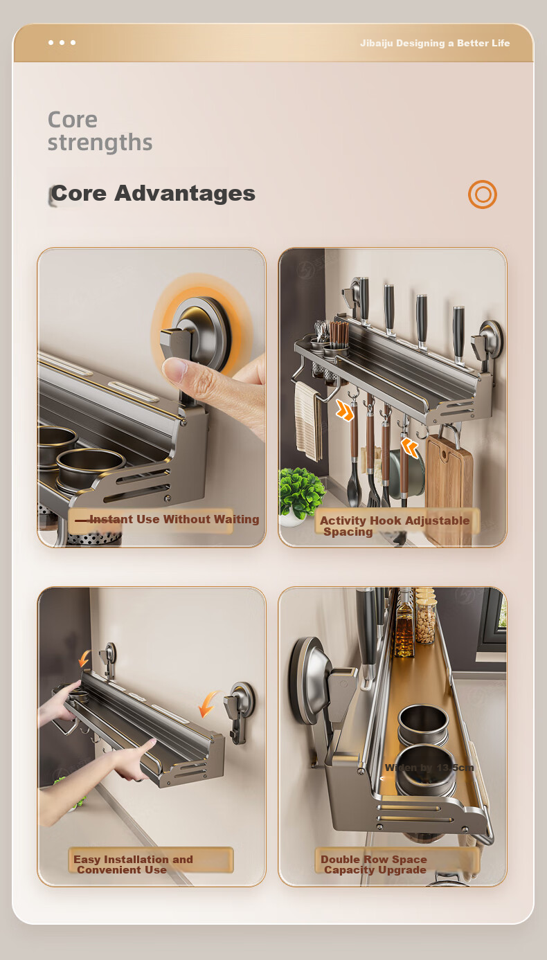 Jibaiju Kitchen Suction Cup Storage Rack, No Drilling Required, Spice Shaker Spoon Knife Holder, Integrated Wall-Mounted Multi-Functional Storage Shelf for Home Use 5