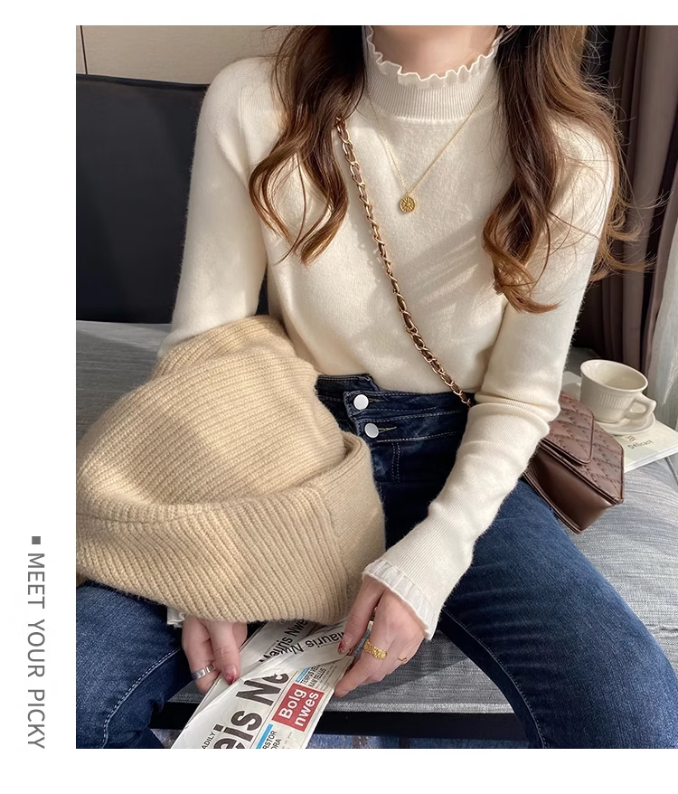 YUZHAOLIN Lace Semi-Turtleneck Base Layer Women's Inner Knit Sweater, Slim Fit, Unique Design, Long-Sleeve Top, White 10