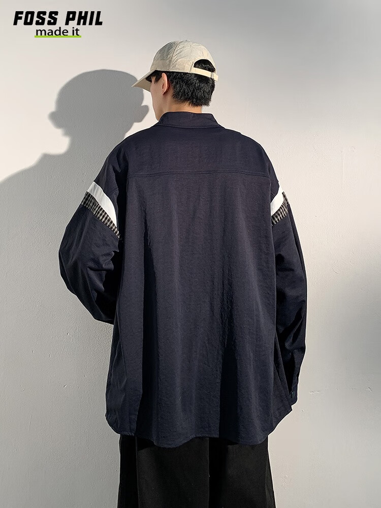 Foss Phil Men's Long-Sleeve Shirt, Spring And Autumn Hong Kong Style Casual Top, Loose-Fitting Jacket, Versatile Men's Shirt CXCS1 Navy Blue M 8