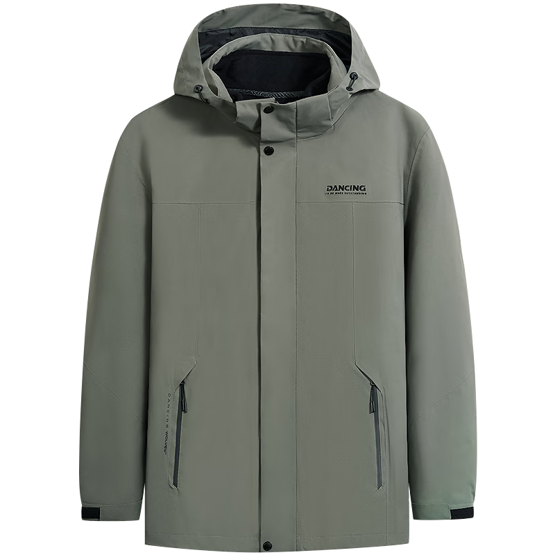DANCING WOLVES [3-In] Detachable Inner Lining Outdoor Hiking Fleece Inner Lining Men's Windbreaker, 210 Olive Green, Size 170