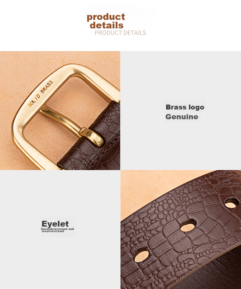Cattlesboss Men's Belt, Alligator Pattern, Top-Grain Leather, Pin Buckle with Copper Clasp, 1986 Gift for Dad, Dark Brown, 110cm 19