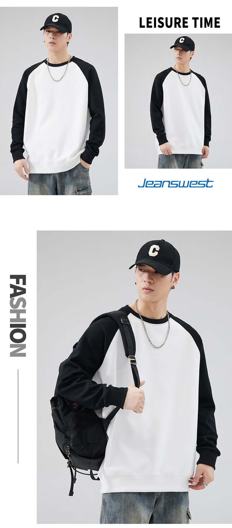 Jeanswest Men's Sweatshirt 2026 Spring Crewneck Pullover Drop Shoulder Colorblock Loose Casual Simple Fashion Navy Blue with White and Gray XL 6