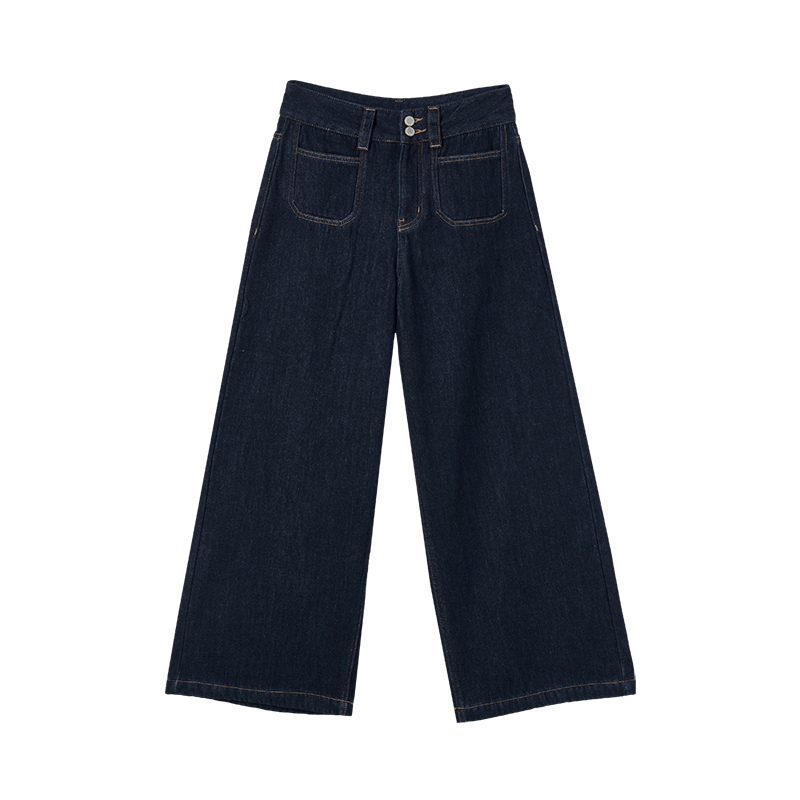 Dme Simple Blue Straight-Leg Pants Winter Style Double-Buckle Wide-Leg Design Fleece-Lined Jeans for Wome