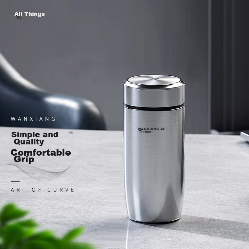 WANXIANG 360ML Titanium Silver F63 Insulated Mug for Men And Women, Business Office Water Bottle with Tea Strainer, Portable Curved Tea Infuser Cup