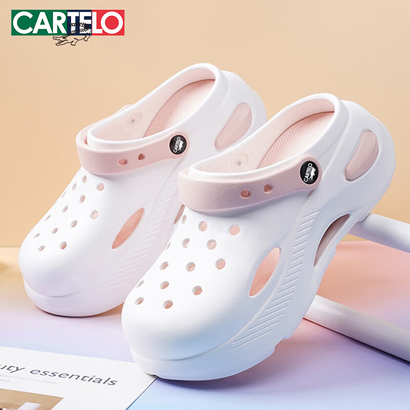 CARTELO Women's Perforated Shoes, Summer Sandals, Casual Slippers, Garden Dual-Use Beach Sandals for Women, 1463 White Pink, Size 37-38