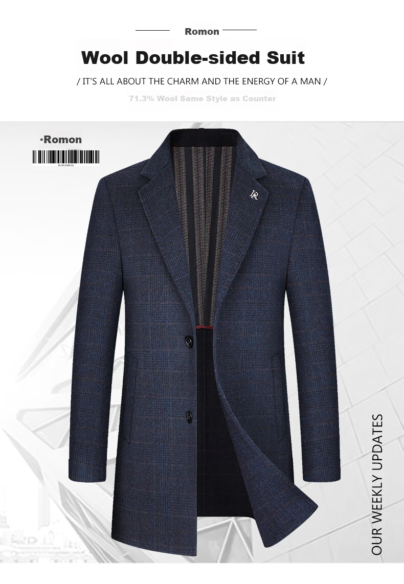 ROMON Mid-Length Double-Sided Wool Coat, Men's Thickened Woolen Overcoat, Trench Coat, Suit Collar, Double-Sided Wool Winter Jacket for Men, Gray Plaid, Size 170 1