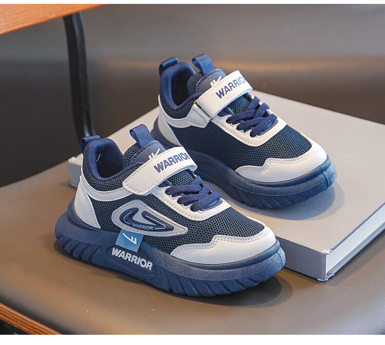 Warrior Children's Shoes, Boys' Spring And Autumn Style, Mesh Breathable Soft-Soled Kids' Sneakers WZ(CL)-0926, Navy Blue/beige, Size 35 3