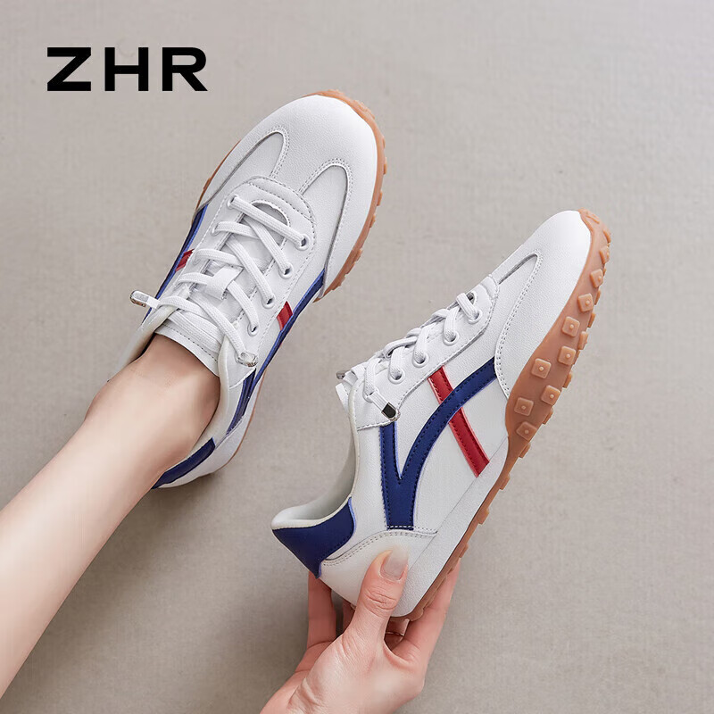 ZHR Casual Shoes for Women, Trendy Comfortable Lightweight Women's Shoes, Genuine Leather Color-Block Soft-Soled Sneakers for Women A113 Blue-Red Size 40