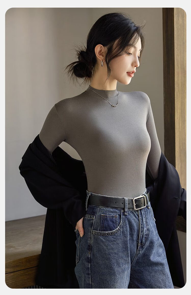 LangSha Warm Top, Black Semi-Turtleneck Base Layer for Women, Spring And Summer Inner Wear, Antibacterial And Anti-Mite Long-Sleeve Mid-Collar Winter Thin T-Shirt 16