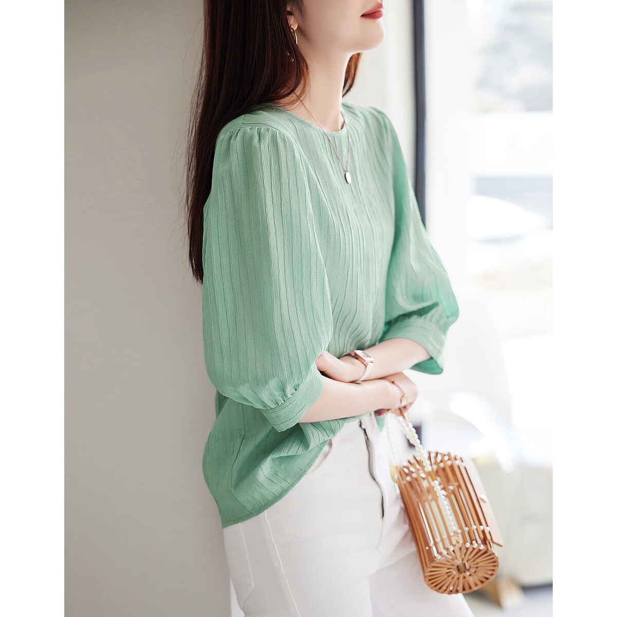 Demana French Texture Shirt Summer Commuter Round Neck Lantern Sleeve Blouse Women's Top